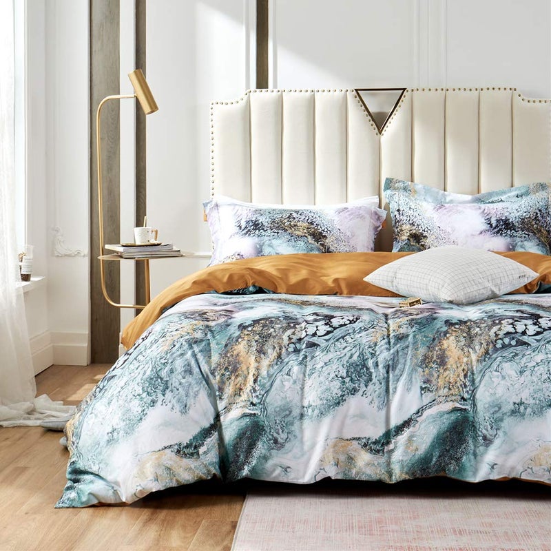 MILDLY 100% Long Staple Cotton Duvet Cover Set Green Golden Grey Mixed Marbling Pattern Printed Comforter Cover Set - Image 1